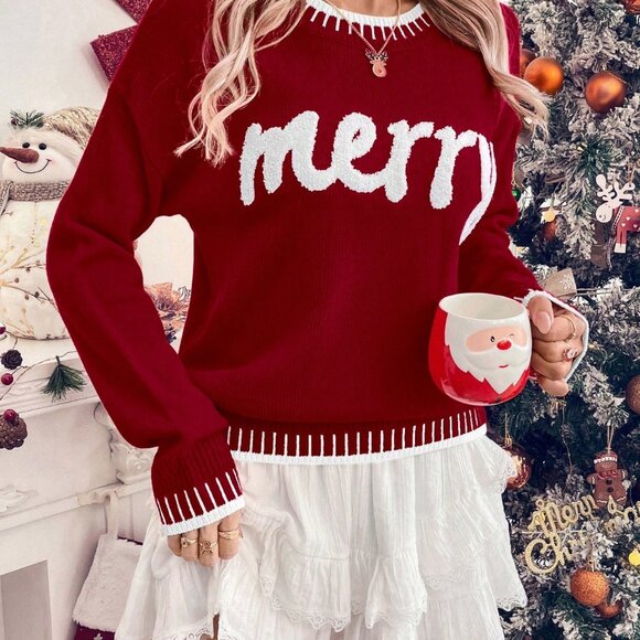 Burgundy Casual Women's Christmas Graphic Knit Sweater Knit Pullover Sweater - Picture 1 of 7